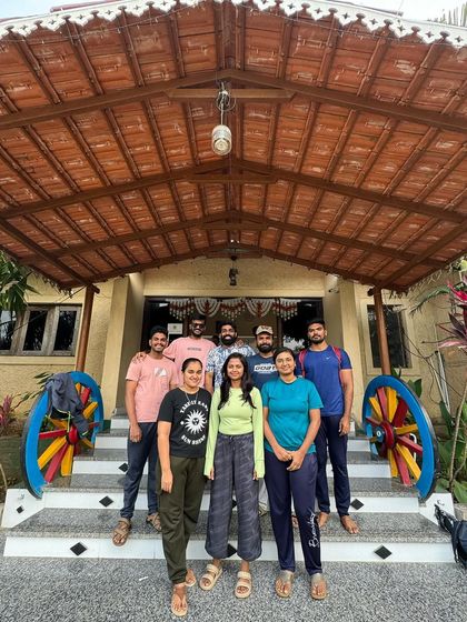 Our group at a beautiful homestay during our Dudhsagar and Dandeli adventure trip.