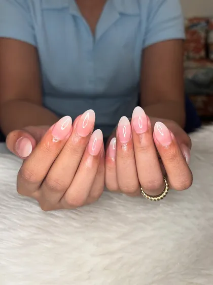 The perfect "au naturale" look. I created this soft, baby boomer effect with a seamless pink-to-white ombre on beautifully shaped almond nails for an effortlessly chic and clean manicure.