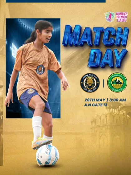 The announcement for our match against Garhwal Heroes FC in the Women's Premier League, featuring our player with a foot on the ball, poised for action.