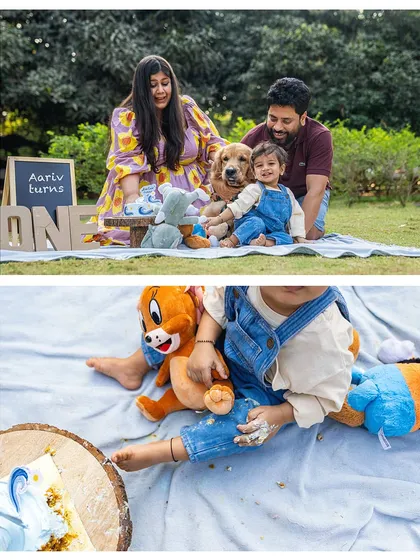 A collage of moments from a first birthday and cake smash session. The family poses together, and baby Aariv gets messy with his cake, all while his Golden Retriever, Ollie, is part of the celebration.