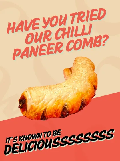 Looking for a spicy kick? Our Chilli Paneer Comb features a multi-layered puff pastry filled with a spicy, flavorful paneer filling. It's a vegetarian delight that will spice up your life.
