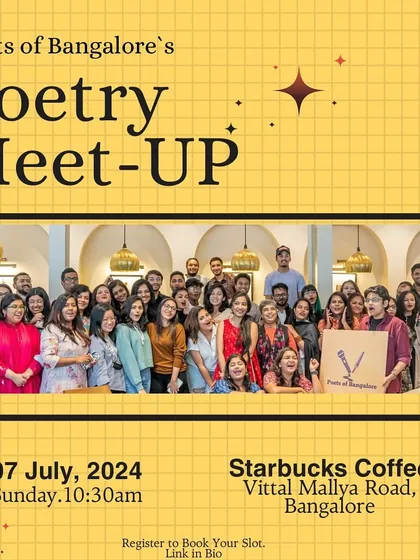 An announcement for our recurring Poetry Meet-Up, using a bright and cheerful design to attract community members for a relaxed Sunday session.