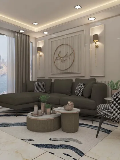 This design showcases a blend of textures and patterns, from the houndstooth accent chair to the abstract rug. The neoclassical wall molding adds a touch of timeless elegance to the modern setup.