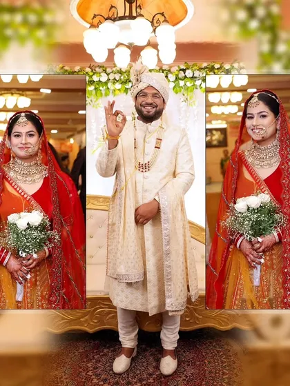 A collage showing the groom's cheerful expression and portraits of the bride holding a white bouquet.