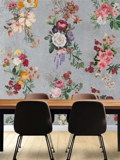 An in-situ view of the light grey floral wallpaper in a dining room, creating a bright and cheerful atmosphere.