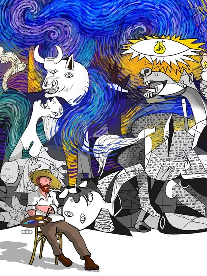 A chaotic and powerful mashup of styles. I show Vincent sitting calmly and adding color to Picasso's "Guernica," which is itself set against a "Starry Night" sky. It's an exploration of how an artist processes and endures the sorrows of the world.
