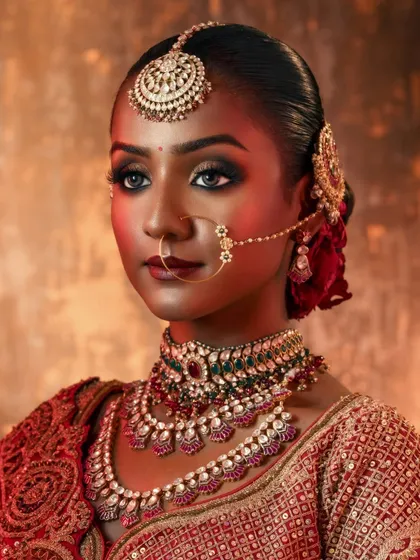 Celebrating the richness of deep skin tones with a classic bridal look. The warm, glowing light complements the intricate gold and red tones of the jewelry and lehenga, creating a portrait that is both powerful and regal.