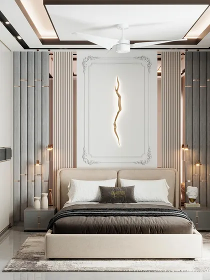 The bed wall of the Apex D'Rio guest bedroom render. The design combines classic European mouldings with modern quilting and a unique, organic-shaped light fixture within a framed panel.