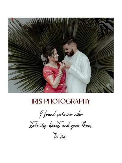 A sweet photo of the engaged couple against a backdrop of large palm leaves. The quote overlay adds a personal, romantic touch.