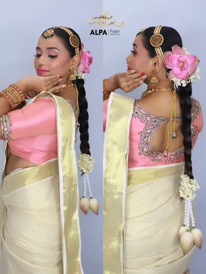 A composite image showing the South Indian glam look from both the front and back, highlighting the hairstyle and makeup.