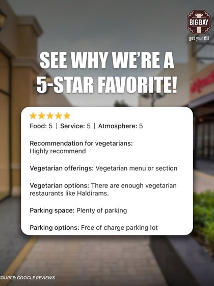 Another review praising our vegetarian options, specifically mentioning Haldiram's, and our free, plentiful parking.