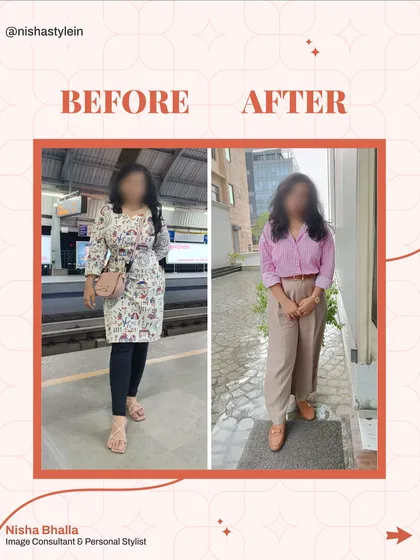 This client went from a casual kurta and leggings to a stylish cropped shirt and tailored trousers. This simple switch created a more modern and confident silhouette.