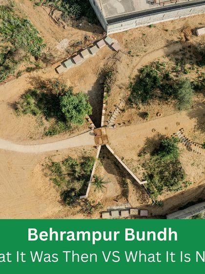 This aerial view shows the transformation of Behrampur Bundh. What was once a barren and eroded landscape is now a structured green space with trails and restored vegetation.