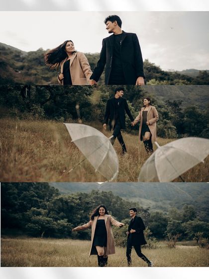 A series of moments from a shoot in the hills, including a playful scene with transparent umbrellas. This shows how we can incorporate simple props to add a touch of whimsy to a nature shoot.