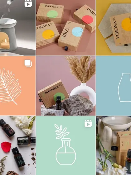 This grid for an essential oil brand uses a soft color palette and minimalist line art to create a calm and serene aesthetic. This visual strategy helps position the brand as a source of relaxation and wellness.