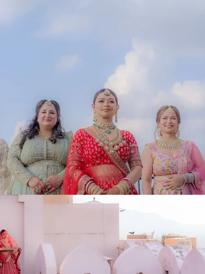 A beautiful portrait of the bride with her bridesmaids. It’s a lovely moment of friendship and support on her big day.