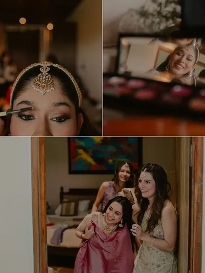 The getting-ready process is always more fun with friends. We captured these candid moments of the bride sharing laughs with her bridesmaids.