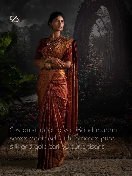 I present the enduring allure of a custom-woven Kanchipuram saree. This piece, rich in tradition, is crafted by my artisans with pure silk and gold zari, a perfect heirloom for the modern bride who cherishes her heritage.