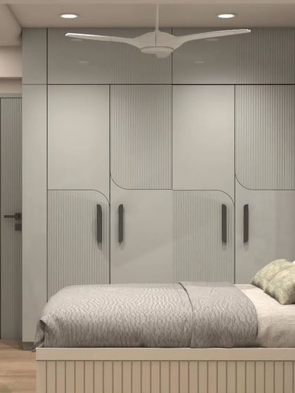 This render highlights the custom wardrobe with its unique curved design, providing ample storage while adding a dynamic visual element to the room.