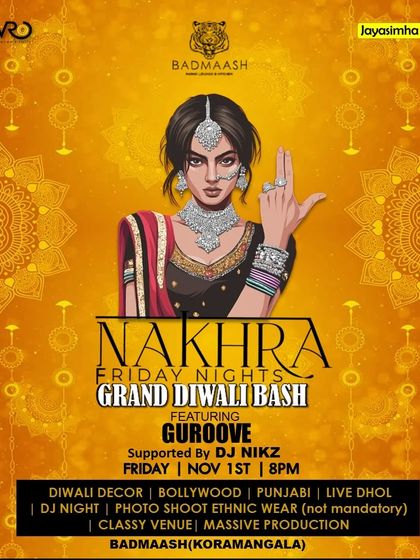 This poster for my Grand Diwali Bash at Badmaash highlights the festive elements I incorporate, including live dhol, ethnic wear themes, and a special playlist of Diwali bangers.