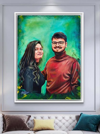 Here is the couple's portrait displayed in a home setting. Seeing how a custom painting can become the centerpiece of a room and bring so much personality to a space is wonderful.