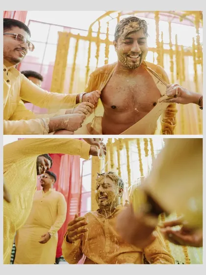 A collage showing the groom's friends playfully tearing his kurta, a common and fun-filled Haldi tradition.