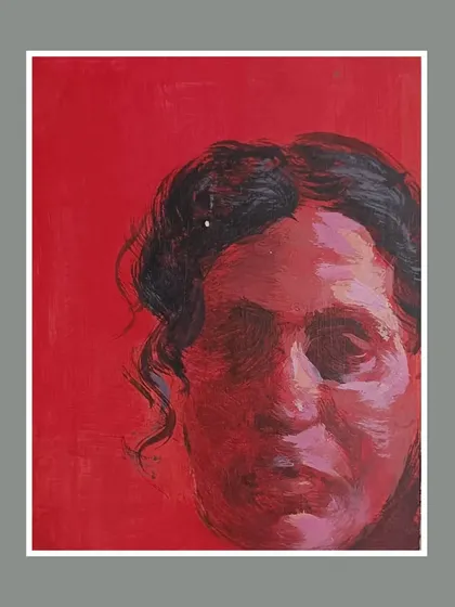 An experimental portrait using a monochrome red palette to convey a specific mood.