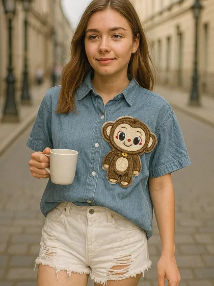 For a playful and classic look, check out this denim shirt with a large, embroidered Labubu monkey patch. It's a comfortable and eye-catching way to display your favorite character.