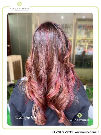 A playful yet sophisticated look featuring soft pink and red tones. This color is perfect for clients looking to add a creative touch to their style.