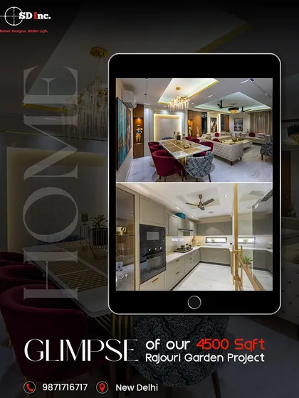 A promotional graphic giving a glimpse into our 4500 sqft Rajouri Garden project, highlighting the living, dining, and kitchen areas we designed.