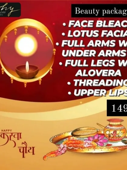 This Karwa Chauth package was a popular mid-range option. It included a Face Bleach and Lotus Facial for skin brightening, full arms and legs waxing with gentle Aloe Vera wax, and threading for a clean finish.