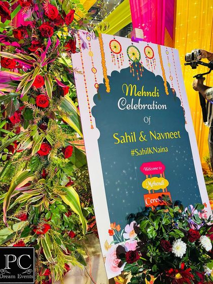 A close-up of the custom welcome easel for the Mehndi celebration, featuring the couple's names and hashtag, surrounded by beautiful red flowers.