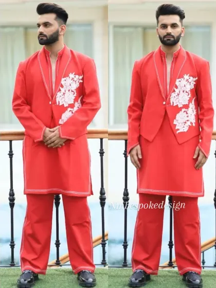 The same modern waistcoat design in a vibrant red, showing the customization options available.
