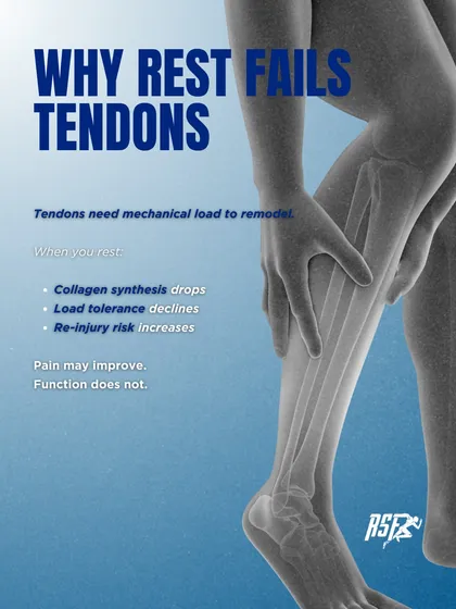This infographic challenges a common myth and establishes our core philosophy: rest does not fix tendons, correct loading does. We treat tendinopathy not as inflammation but as a load management failure. Our approach focuses on rebuilding the tendon's capacity through progressive, science-backed protocols, ensuring function is restored, not just pain is masked.