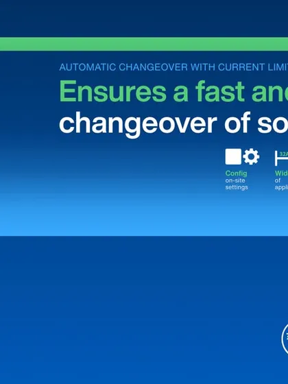 A banner showcasing the iACCLM400 Automatic Source Changeover with Current Limiter. It emphasizes the fast, smooth transition and added protection for home appliances, making it a smart choice for modern buildings.