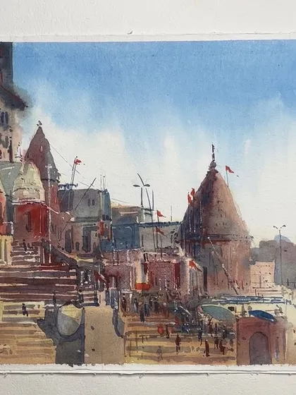 Another watercolour landscape from the ghats of Varanasi. This piece captures the bustling energy of the steps leading down to the river, with many small figures giving a sense of scale and life.