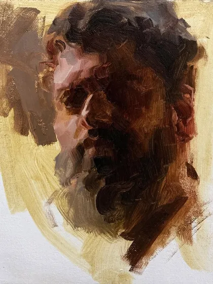 An oil sketch of a man with a beard, part of a series of recent rapid works exploring different faces.