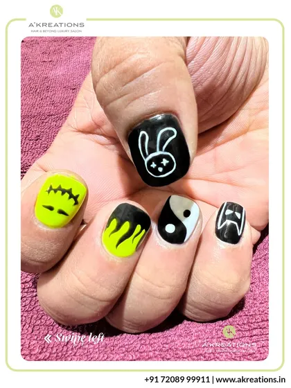 Express your playful side with our custom character and graphic nail art. This set features a variety of fun, pop-culture-inspired designs, each nail telling a different story.