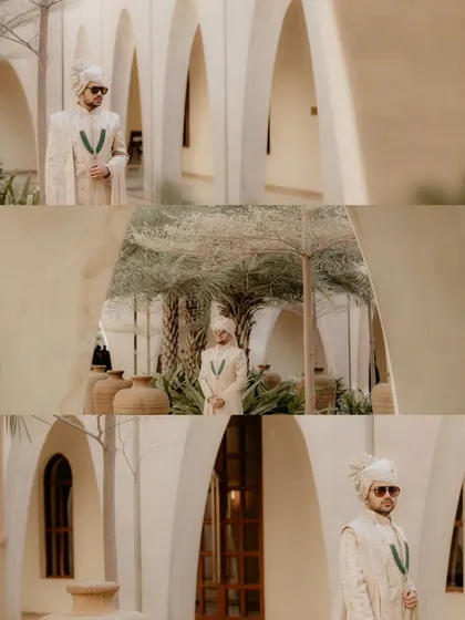 A collage of the groom's portraits, showing different angles and poses within the same beautiful location. This gives a full sense of his style and the venue.