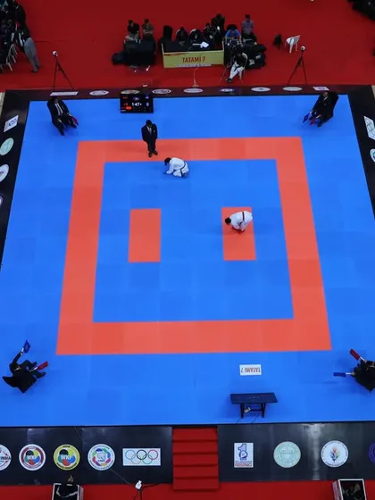 An aerial shot of a final match at our national championship. The single mat focus highlights the importance of the bout, with officials and judges positioned for perfect viewing.