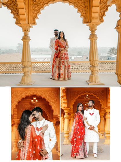 A collage of portraits capturing the couple's majestic look from different angles, including intimate close-ups and powerful full-length shots.