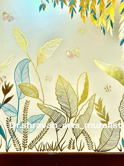I'm never bored of creating gold foil murals! This piece features whimsical, linear botanicals and butterflies, combining gold and teal for a fresh and enchanting look.