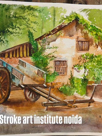 A beautiful watercolor painting of a rustic village scene, complete with an old house and a bullock cart. This piece captures the charm of rural life with soft, transparent washes of color.