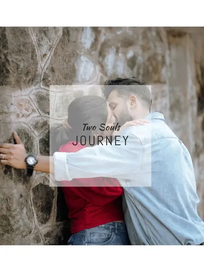 An artistic and intimate portrait of the couple, with the words "Two Souls Journey" overlaid.