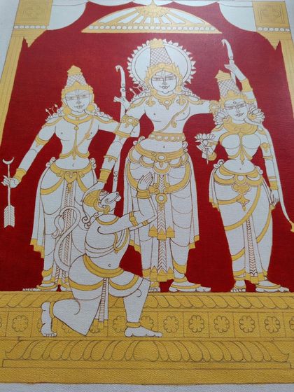 The Ram Darbar painting after the brown outline and yellow detailing are complete. This stage has a beautiful, minimalist elegance before the main colors are added.