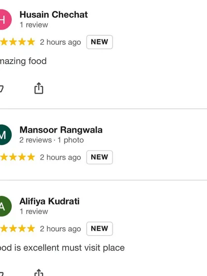 A series of 5-star reviews from satisfied customers. Simple words like "Amazing food" and "Must visit place" mean the world to us.