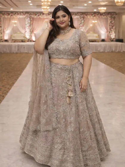 This pose highlights the flattering fit of the embroidered blouse and the graceful fall of the lehenga skirt. It’s a testament that designer wear is for every body.