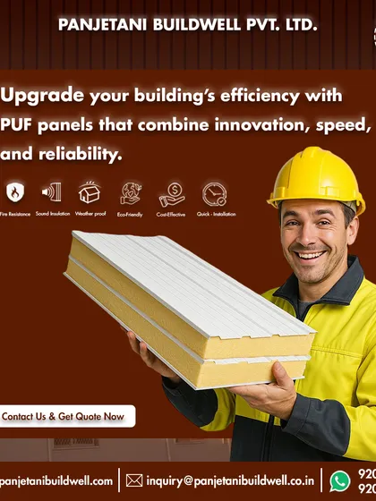 A construction professional showcasing one of our standard PUF panels. We design our panels to combine innovation, speed, and reliability, offering a fire-resistant, weatherproof, and cost-effective building solution.