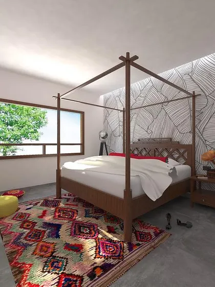 This concept for a newlywed's home embraces a bohemian style with a four-poster bed, concrete floors, and handwoven textiles. The design focuses on natural, antique-finish materials to create an eclectic and personal space without unnecessary ornamentation.