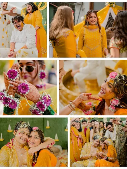 A collage capturing the vibrant yellow theme of the Haldi, from the decor and outfits to the joyful, messy rituals.